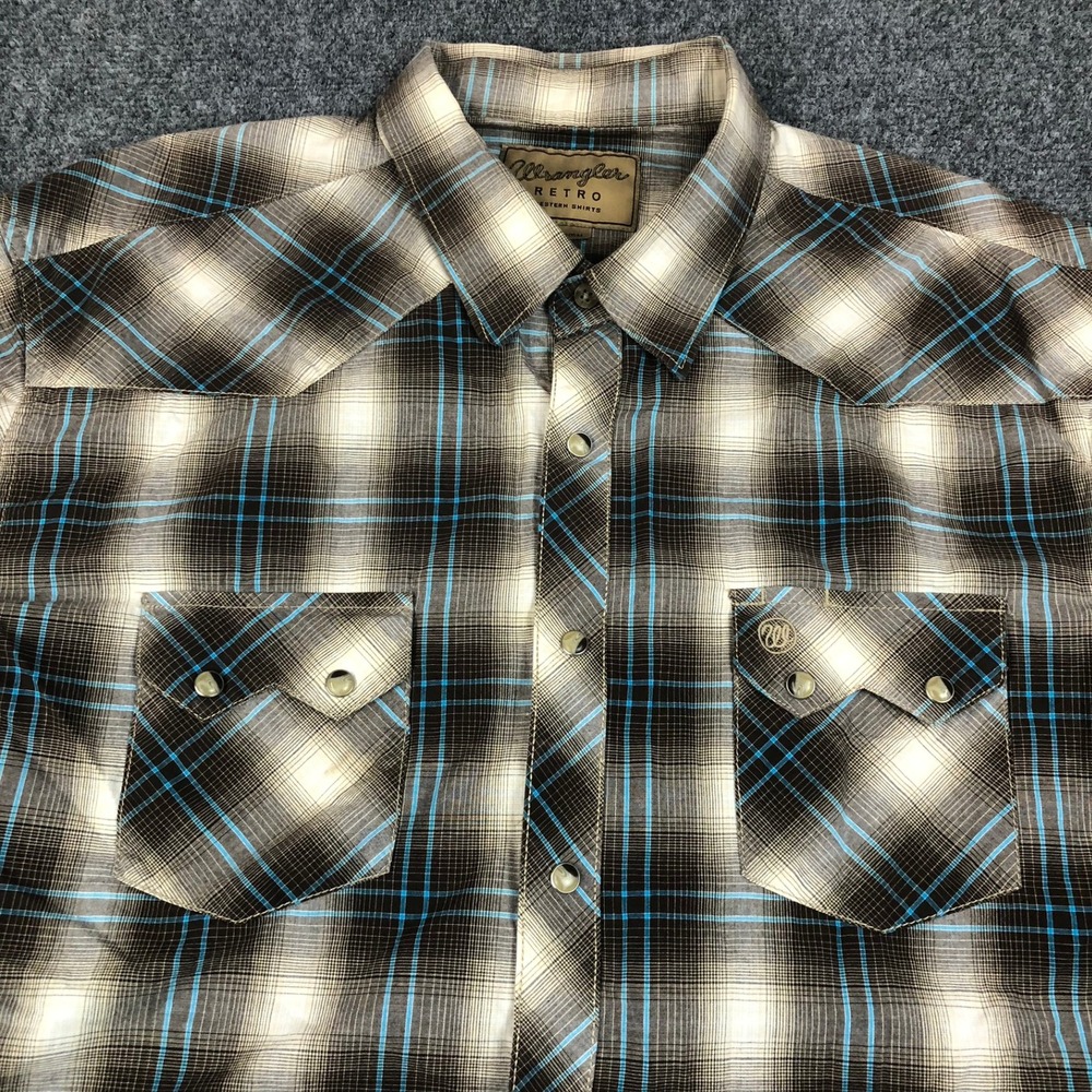 Wrangler Retro Western Shirt Mens XL Brown Blue Plaid Pearl Snap Long Sleeve - Picture 3 of 7